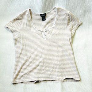 Rafaella Striped Cotton Neutral Tan/White/Cream TShirt | Size Large